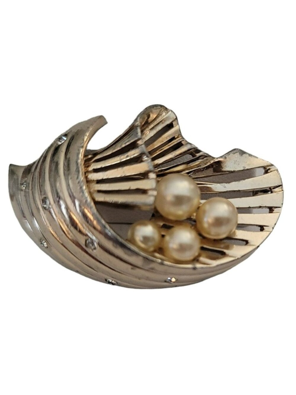 Jomaz Gold Tone Clear Rhinestone Faux Pearl Cornucopia Pin Brooch Signed, M870